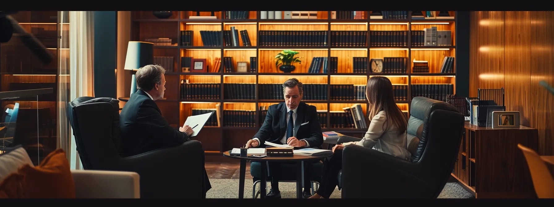 a focused and professional attorney discusses child custody statutes with a concerned client in a sleek, modern office, surrounded by legal books and family law resources, emphasizing the importance of informed decisions during divorce proceedings.