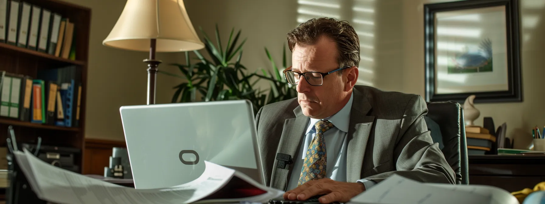 a focused divorce attorney in a modern office setting, engaged in a serious consultation with a concerned parent, surrounded by legal documents and a laptop, conveying the intensity of addressing complex custody challenges.