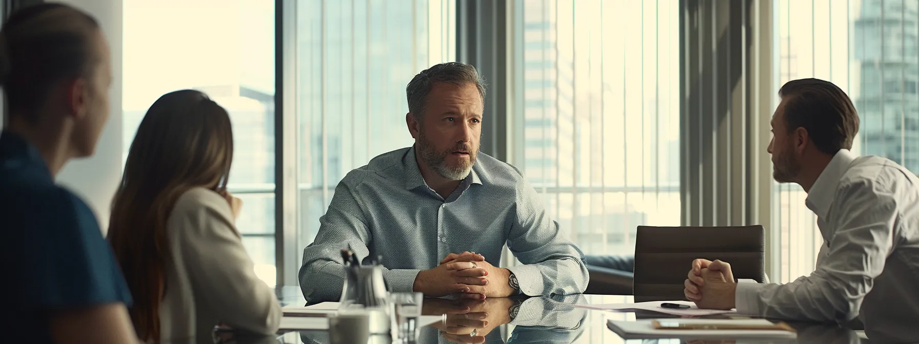 a focused divorce attorney sits at a sleek conference table in a modern office, engaged in a constructive dialogue with a couple, surrounded by documents outlining child custody agreements, highlighting the importance of clear communication and collaboration in negotiating settlement terms.