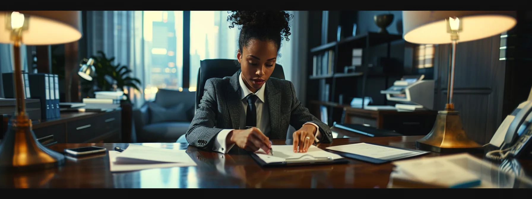 a focused divorce attorney sits at a sleek, modern conference table, surrounded by legal documents and digital displays, embodying a decisive moment while navigating complex child custody laws in a dynamic office environment.
