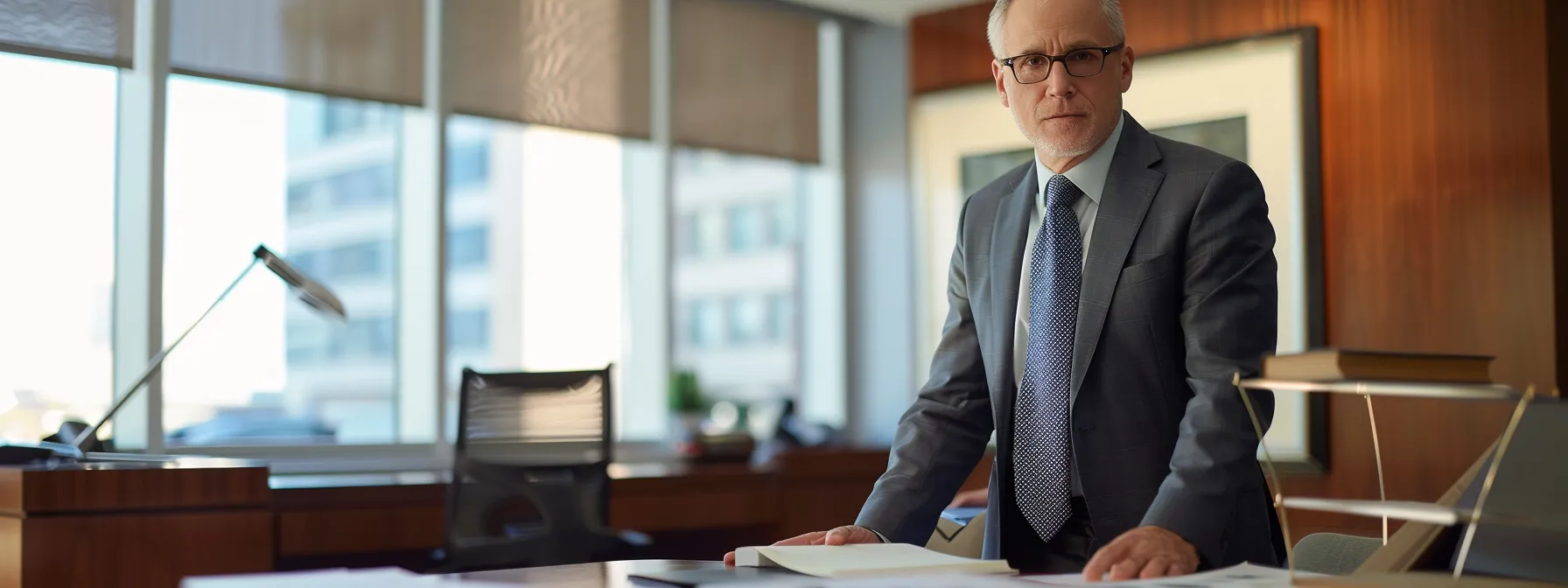 a focused lawyer stands in a modern, well-lit office, engaging in a serious discussion with a client across a sleek conference table, surrounded by legal documents and a digital tablet, symbolizing the critical processing of finalizing divorce settlements and agreements.