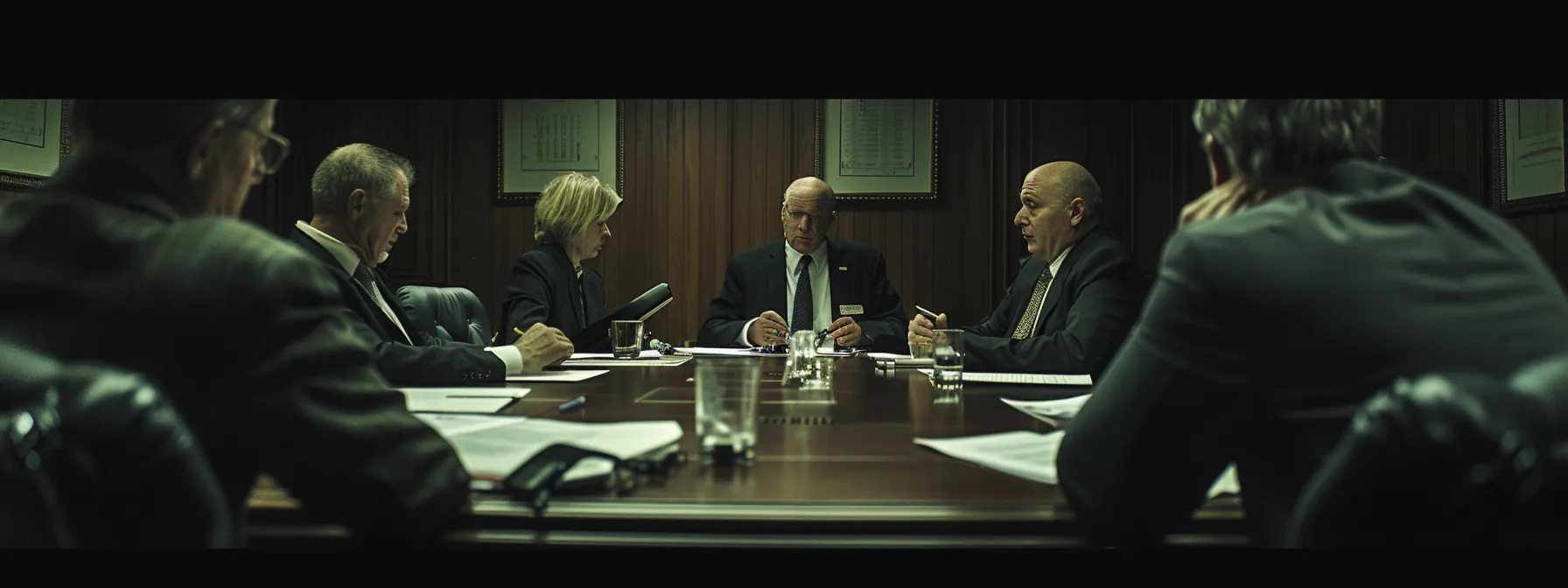 a focused office setting portrays a diverse group of individuals engaged in a serious discussion around a table strewn with legal documents, symbolizing the complexities and critical components of the divorce process.