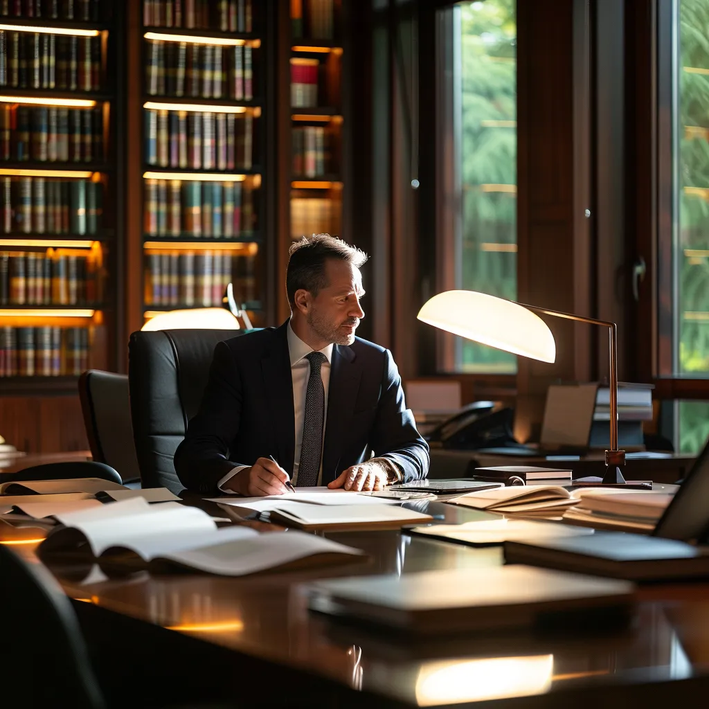 a focused, professional divorce lawyer in a sleek, modern office, engaging in a serious consultation with a client across a glossy conference table, surrounded by law books and legal documents, illuminated by soft, warm lighting that highlights the tension and importance of the discussion.