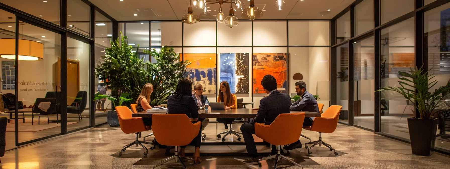 a modern office space, featuring a sleek conference table surrounded by comfortable chairs, where a knowledgeable divorce attorney engages in a focused discussion with a client, illuminated by warm artificial lighting that highlights their collaborative demeanor, symbolizing accessible legal support.