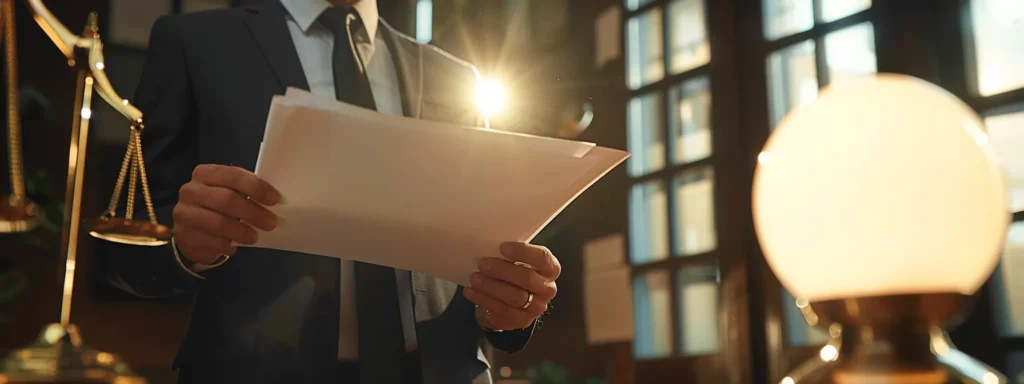 a poised local divorce attorney confidently presents legal documents in a modern office, illuminated by soft, focused lighting, symbolizing clarity and support during challenging times.