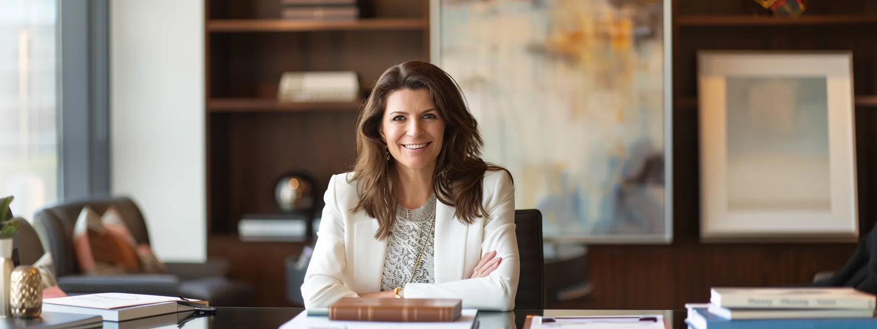 a sharp-focused image of a confident local divorce attorney seated at a sleek modern desk in a well-lit office, engaged in a thoughtful consultation with a client, with legal documents and a laptop prominently displayed, emphasizing a personalized and strategic approach to family law.