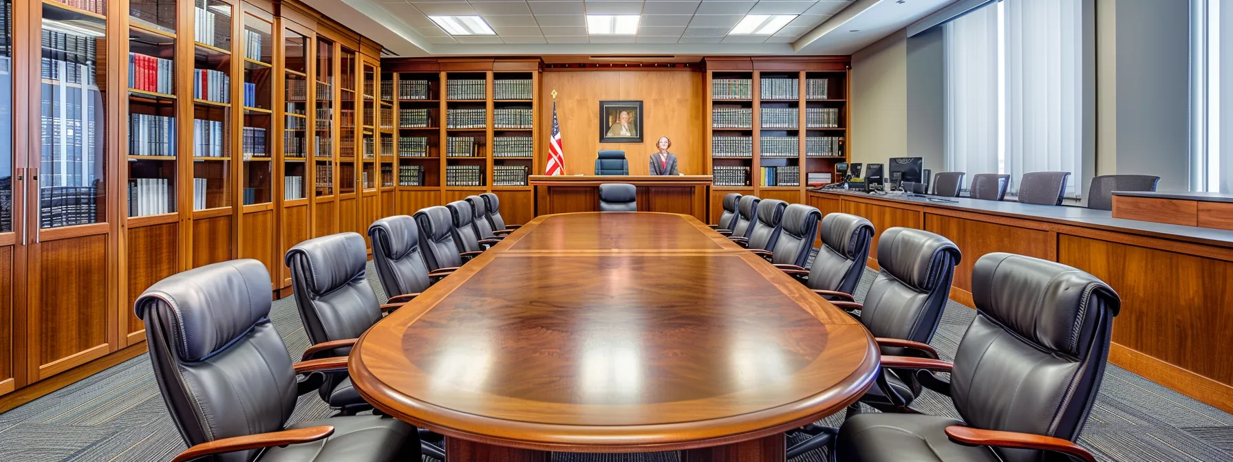 a sleek, modern office conference room featuring a polished wooden table surrounded by chairs, with a lawyer enthusiastically discussing a divorce strategy with a client, documents and legal books strategically arranged, emphasizing professionalism and trust in legal representation.