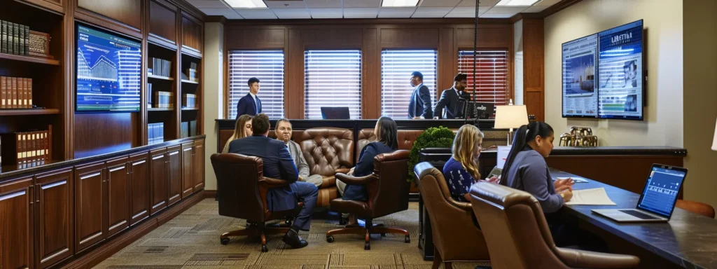 a sleek, modern office environment showcases a diverse group of attentive clients engaged in a detailed consultation with a knowledgeable divorce attorney, surrounded by legal books and digital screens displaying informative graphs and charts.