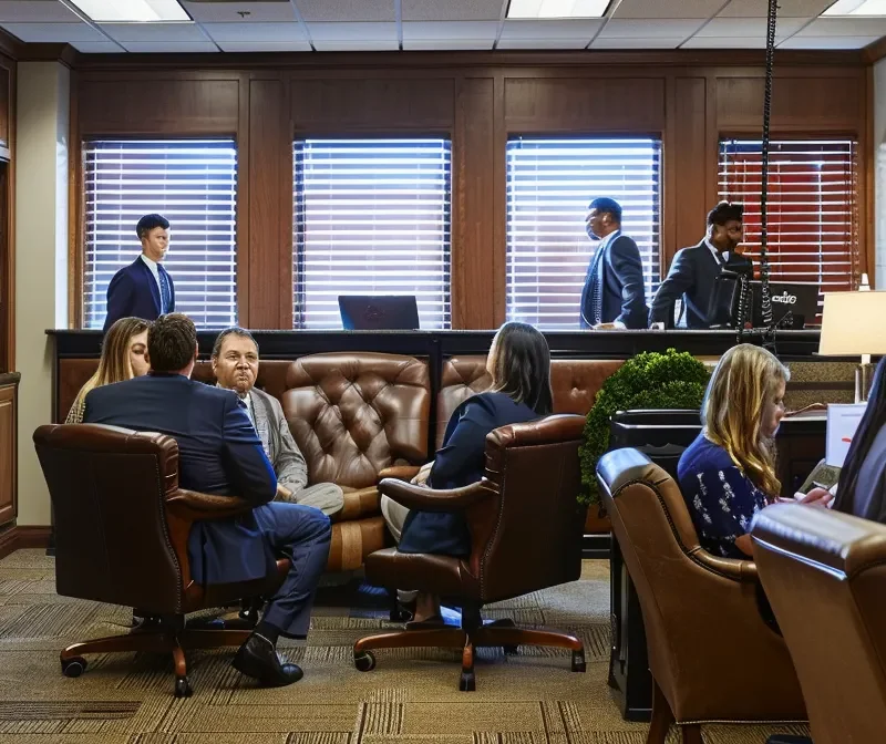 a sleek, modern office environment showcases a diverse group of attentive clients engaged in a detailed consultation with a knowledgeable divorce attorney, surrounded by legal books and digital screens displaying informative graphs and charts.