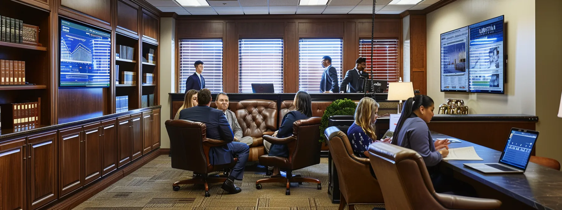 a sleek, modern office environment showcases a diverse group of attentive clients engaged in a detailed consultation with a knowledgeable divorce attorney, surrounded by legal books and digital screens displaying informative graphs and charts.
