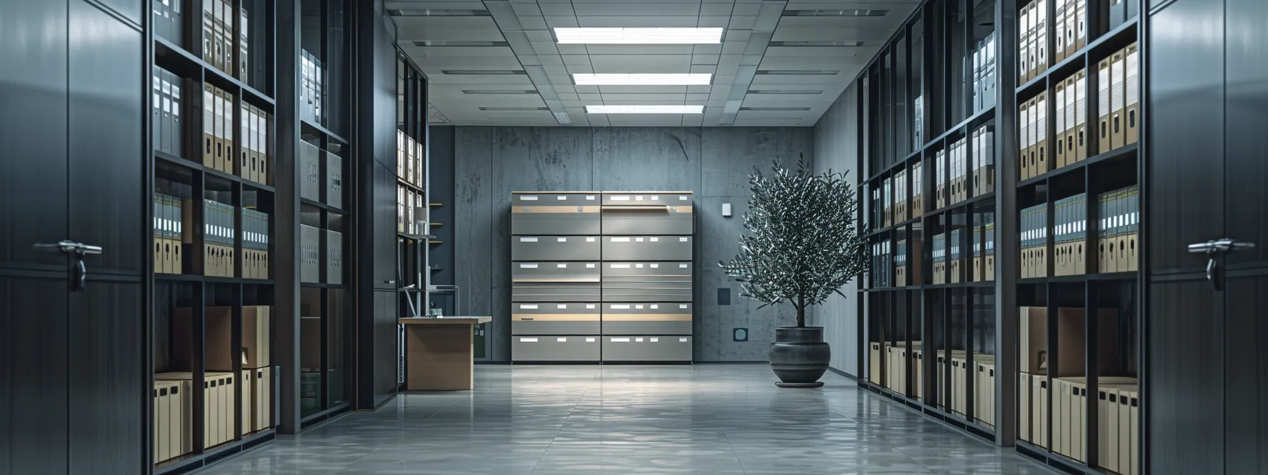 a sleek, modern office space features a somber, open filing cabinet filled with divorce case documents, illuminated by stark fluorescent lights, symbolizing the complexity and emotional weight of the average divorce timeline.
