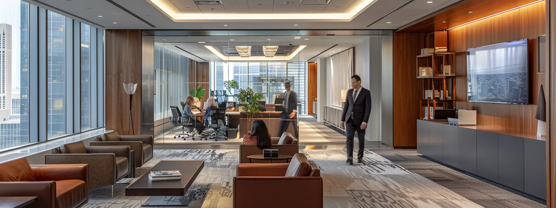 a sleek, modern office with a well-dressed divorce attorney engaged in a video conference, showcasing a digital interface filled with connected professionals like mediators and financial analysts, highlighting their extensive local network and collaborative approach to client support during divorce proceedings.