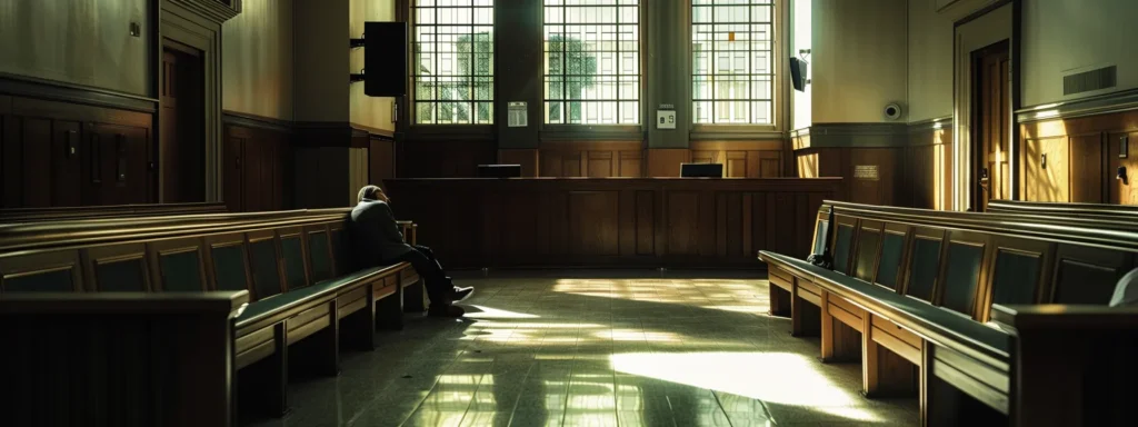a somber courtroom interior bathed in dim, focused lighting, showcasing an empty bench where a hesitant couple's silhouette reflects the emotional weight of the divorce process.