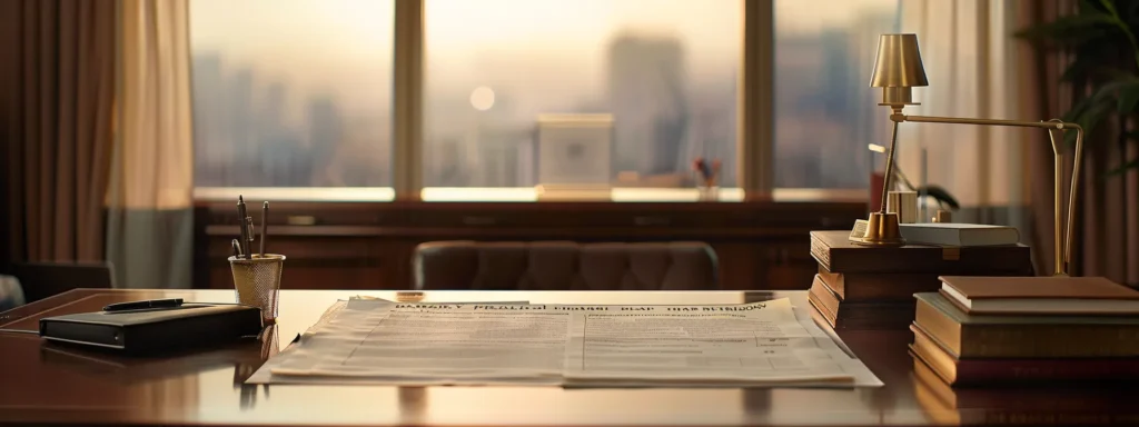 a somber yet contemporary office space, featuring a neatly arranged desk with a divorce filing document prominently displayed, contrasting with a blurred city skyline visible through a large window, symbolizing the emotional and legal complexities of divorce.