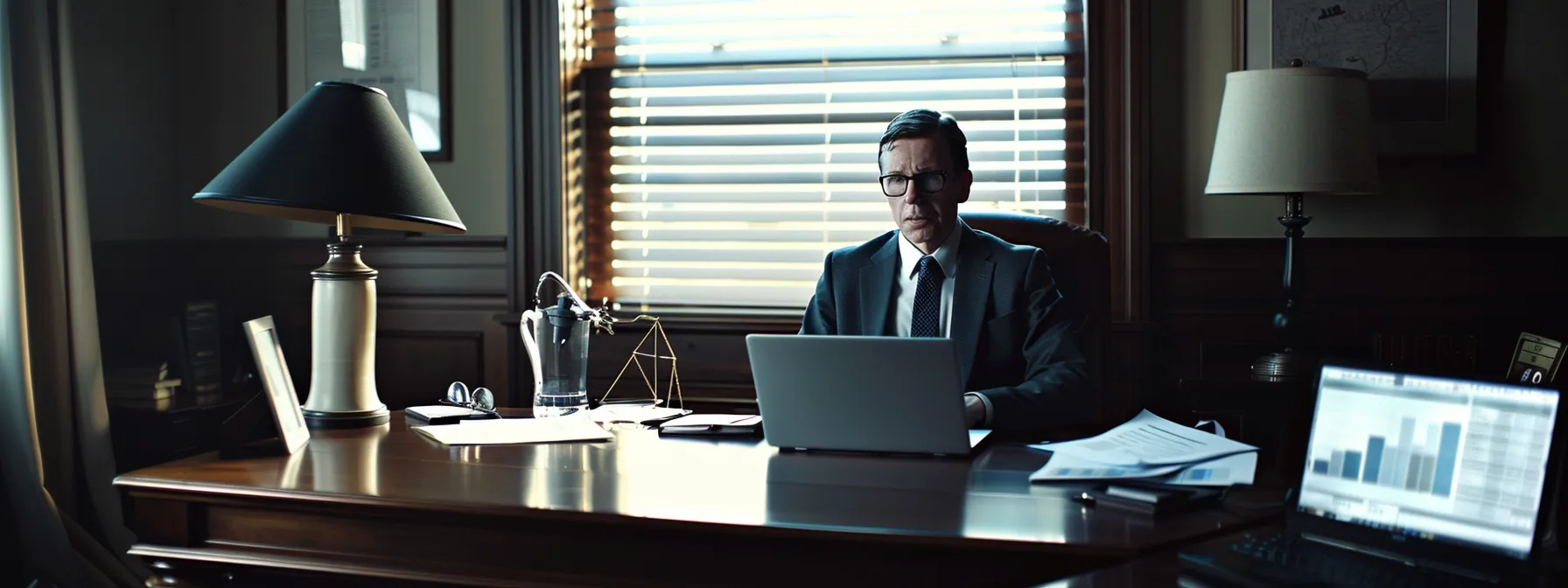 a sophisticated office setting features a polished conference table with legal documents, a laptop displaying graphs of billing structures, and an attorney engaged in a discussion with clients, highlighting the nuances of various divorce billing methods.