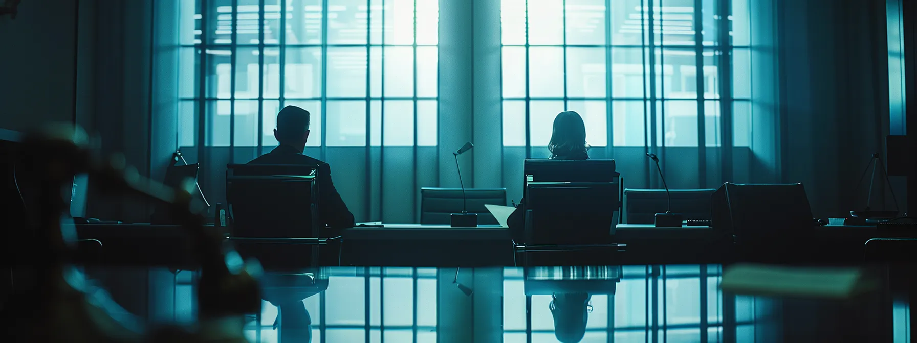 a tense yet focused legal consultation unfolds in a modern office, with two individuals seated across a sleek conference table, surrounded by files and documents representing the complexities of divorce proceedings.