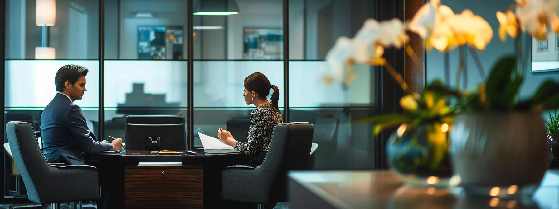 a polished, modern law office with sophisticated decor, featuring a confident attorney discussing tailored family law strategies with a client, underscoring the importance of personalized legal advice in navigating complex familial challenges.