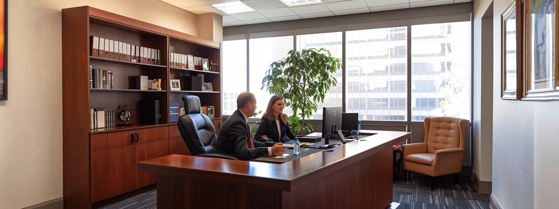 a professional office setting features a compassionate family law attorney engaged in a thoughtful discussion with a client across a sleek, modern desk, emphasizing a trusting and supportive atmosphere.