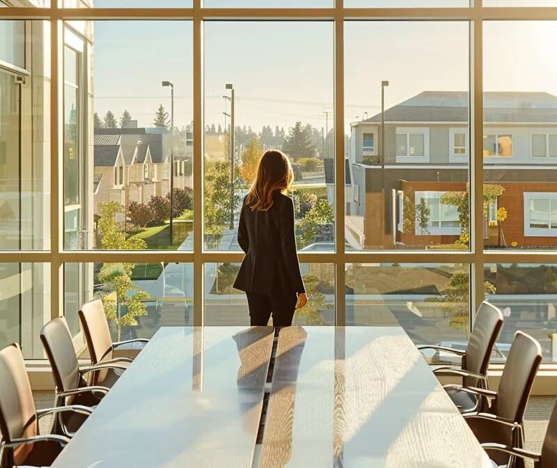 a sleek, contemporary office setting featuring a confident family law attorney standing near a polished conference table, with modern homes visible through large windows, conveying professionalism and approachability.