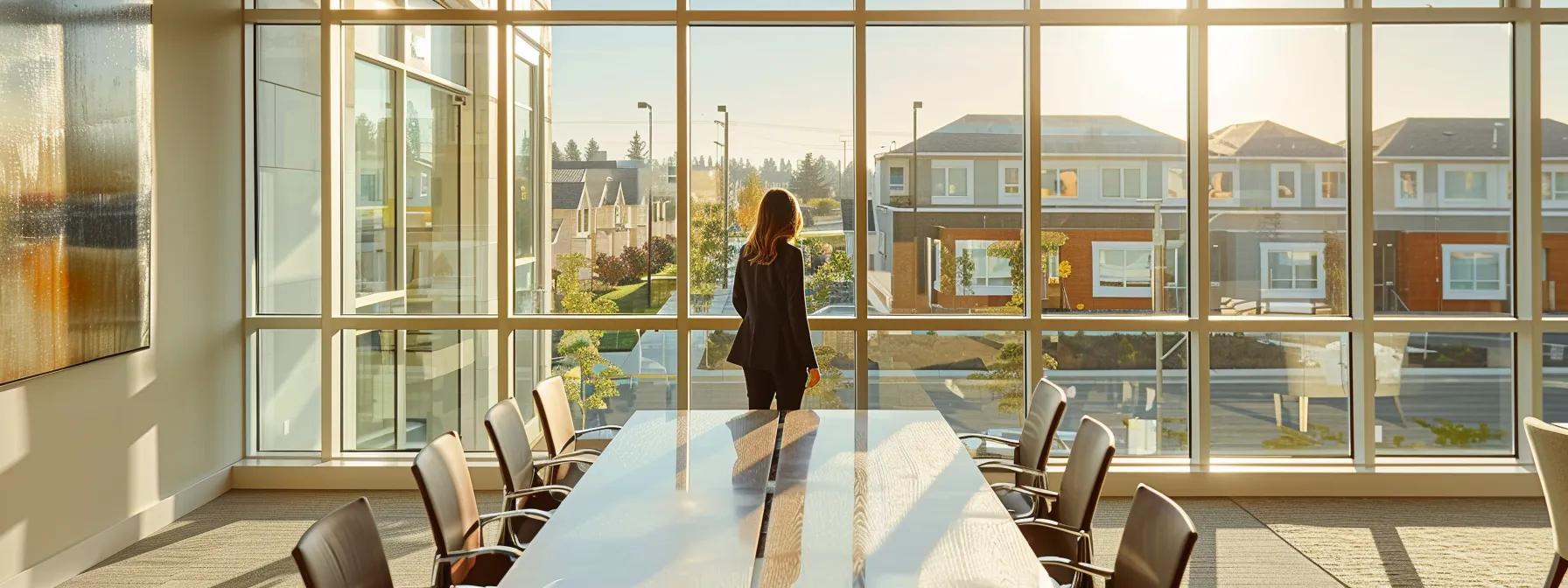 a sleek, contemporary office setting featuring a confident family law attorney standing near a polished conference table, with modern homes visible through large windows, conveying professionalism and approachability.