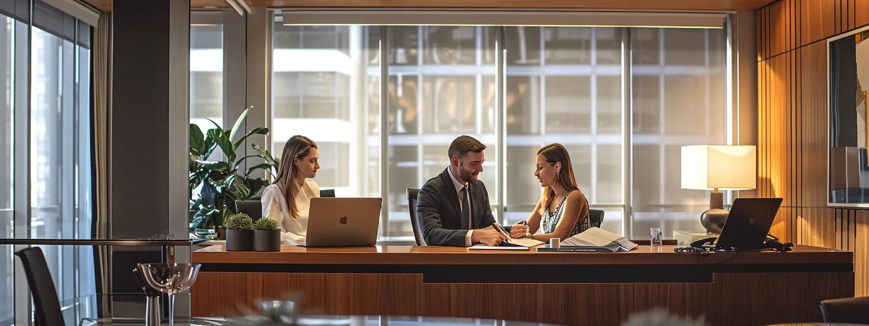 a sleek, modern office space showcases a professional family law attorney engaged in a thoughtful consultation with clients, illuminated by warm artificial lighting that highlights the room's elegant decor and conveys a sense of trust and expertise in navigating complex legal matters.