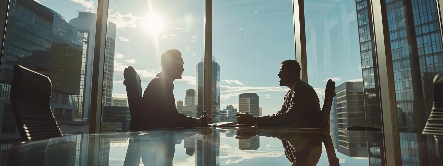 a sophisticated office setting showcases a confident attorney discussing case strategies with a client in a sleek, modern conference room, emphasizing the importance of clear communication for successful outcomes in family law cases.