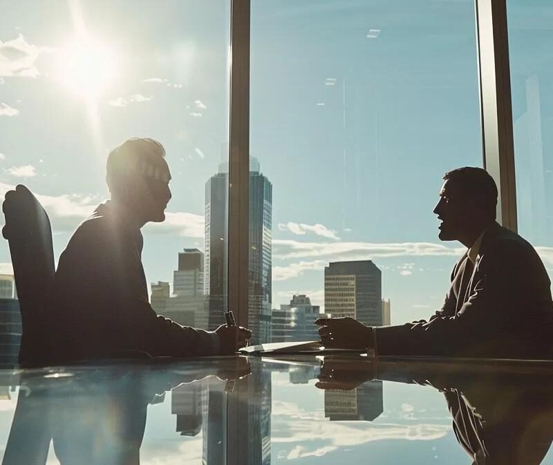 a sophisticated office setting showcases a confident attorney discussing case strategies with a client in a sleek, modern conference room, emphasizing the importance of clear communication for successful outcomes in family law cases.