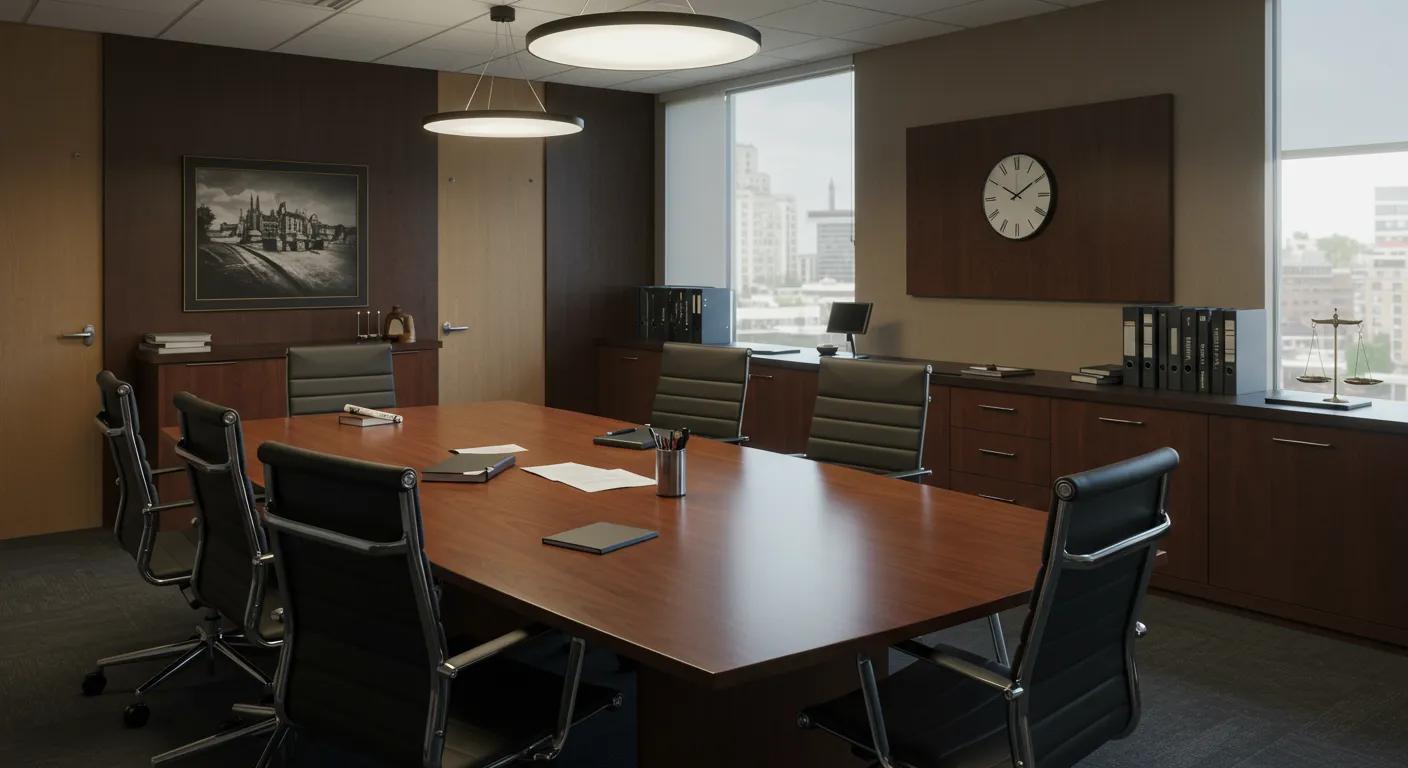 a sophisticated law office interior showcases a sleek conference room with a polished wooden table, legal documents neatly arranged, and ready-to-use technology, symbolizing the comprehensive services of a top divorce law firm.