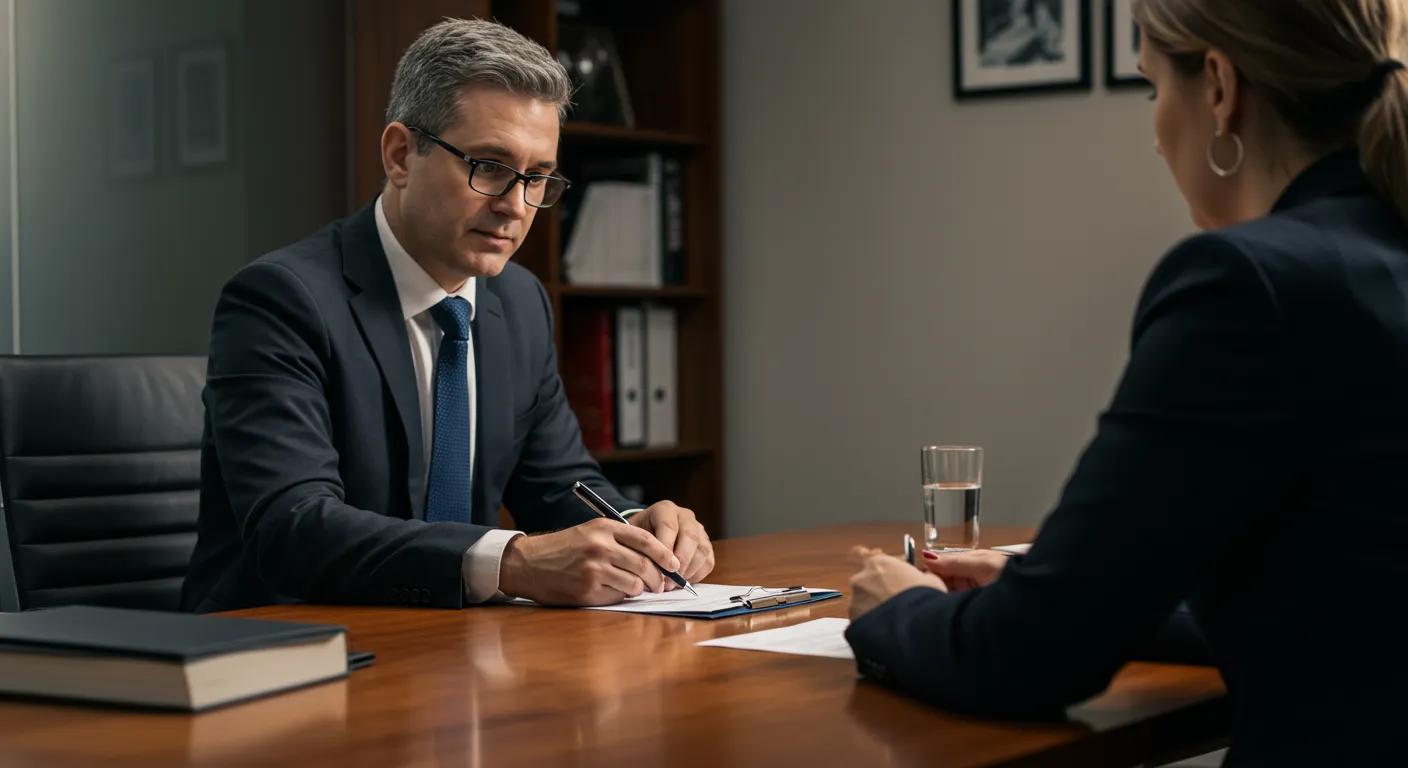a focused office scene showcases a professional divorce attorney seated at a polished conference table, reviewing legal documents with a client, emphasizing a sense of trust and clear communication amidst the structured ambiance of legal proceedings.