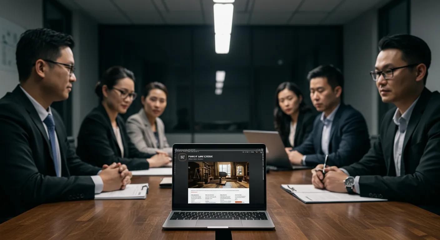 a sharp, modern office conference room is illuminated by overhead lights, showcasing a diverse group of professionals engaged in a focused discussion, with an open laptop displaying a family law firm's website prominently on the table, reflecting the importance of informed decision-making in legal matters.