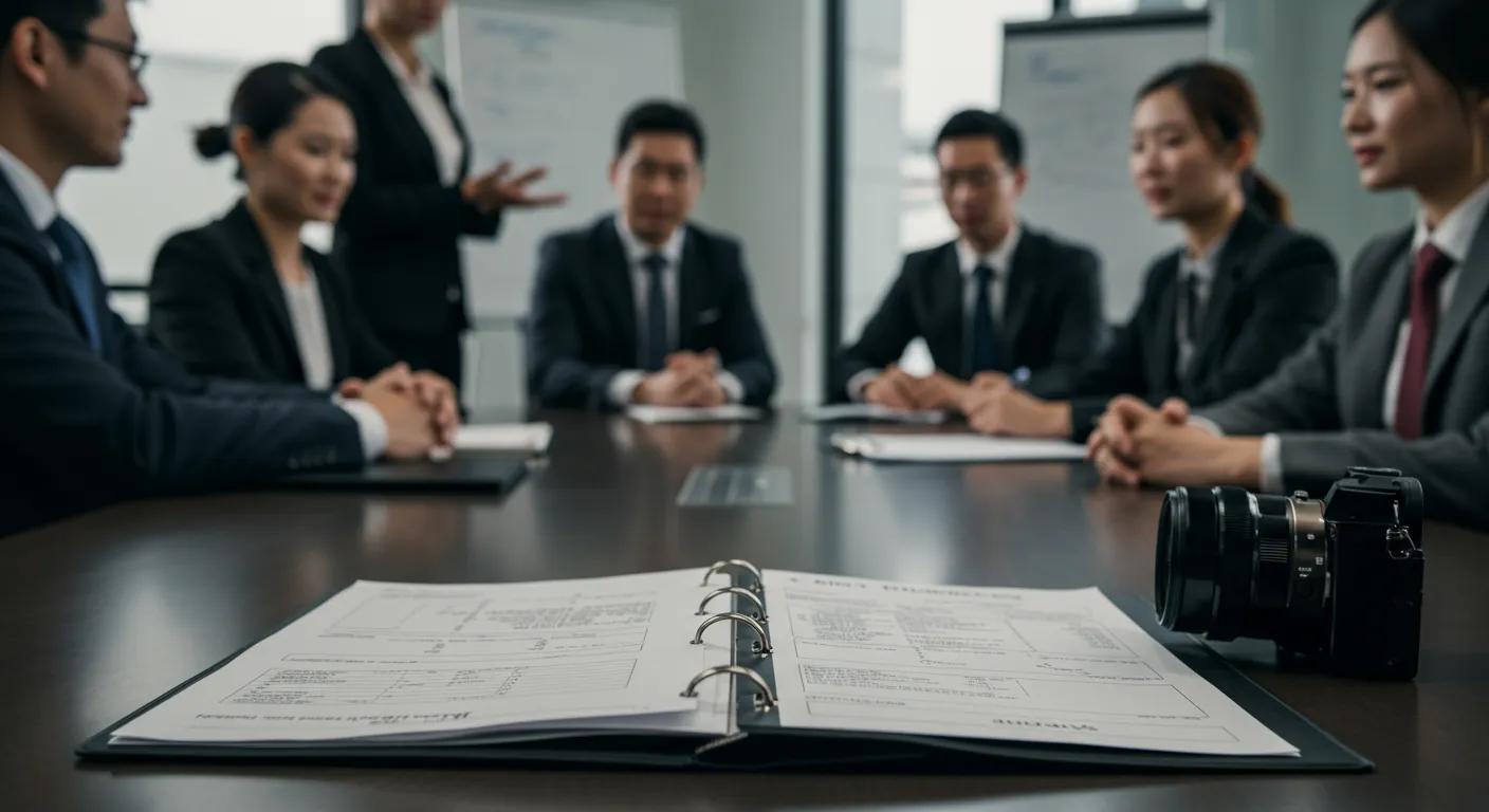 a modern office setting with a sleek conference table displaying an open folder of detailed billing proposals, surrounded by professionals in discussion, conveying a sense of transparency and clarity in family law fees and costs.