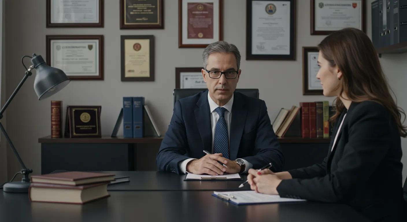 a professional office scene featuring a confident divorce lawyer seated at a sleek desk, surrounded by certification plaques and legal books, while engaging in a video consultation with a client about validating credentials and experience.