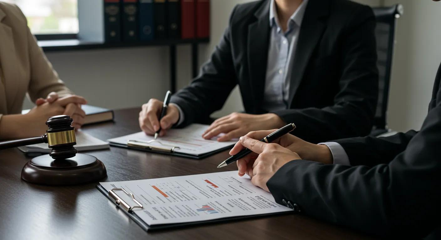 a sleek, modern law office meeting room showcases a focused consultation between a divorce lawyer and a client, emphasizing professionalism with a polished desk, legal books lining the shelves, and a detailed fee structure chart prominently displayed on a laptop.