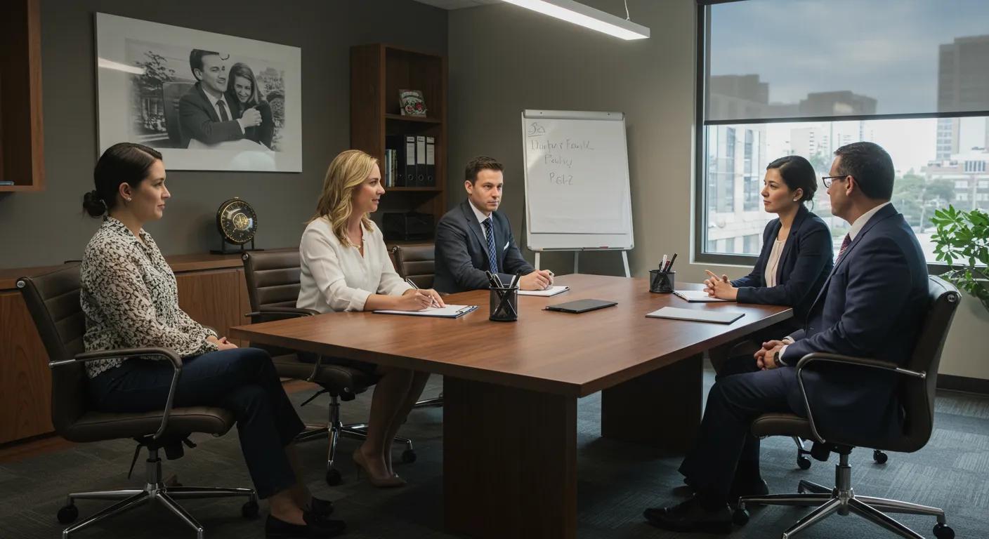 a professional family law office, featuring a sleek, modern conference room with an inviting atmosphere, where a diverse group of clients engage in a thoughtful consultation with a compassionate attorney, emphasizing trust and expertise in legal support.