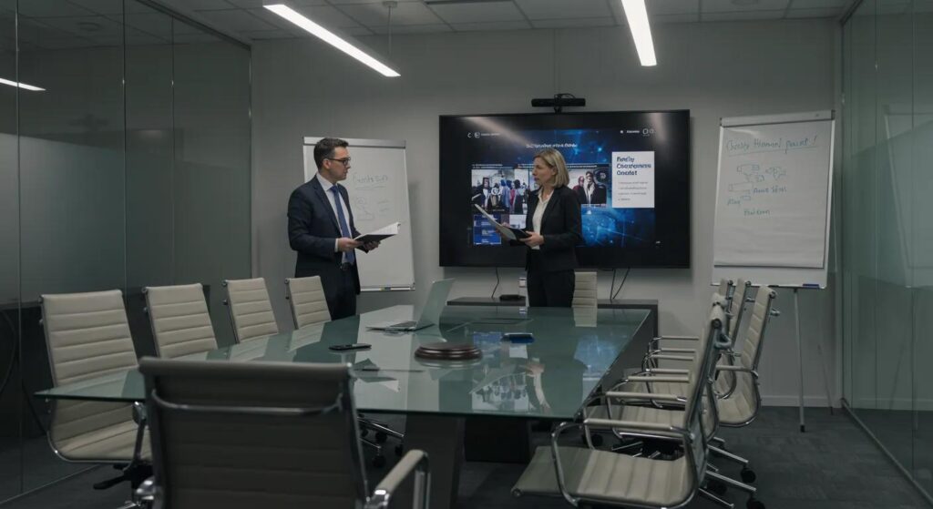 a modern office conference room, featuring a sleek glass table surrounded by stylish ergonomic chairs, with a family law attorney presenting a comprehensive guide to clients on a large digital display, illuminated by ambient lighting that highlights the professional atmosphere.