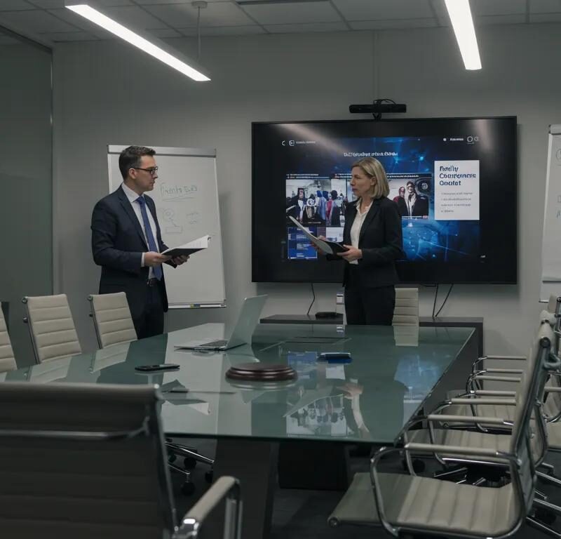 a modern office conference room, featuring a sleek glass table surrounded by stylish ergonomic chairs, with a family law attorney presenting a comprehensive guide to clients on a large digital display, illuminated by ambient lighting that highlights the professional atmosphere.