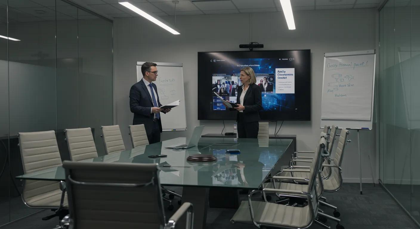 a modern office conference room, featuring a sleek glass table surrounded by stylish ergonomic chairs, with a family law attorney presenting a comprehensive guide to clients on a large digital display, illuminated by ambient lighting that highlights the professional atmosphere.