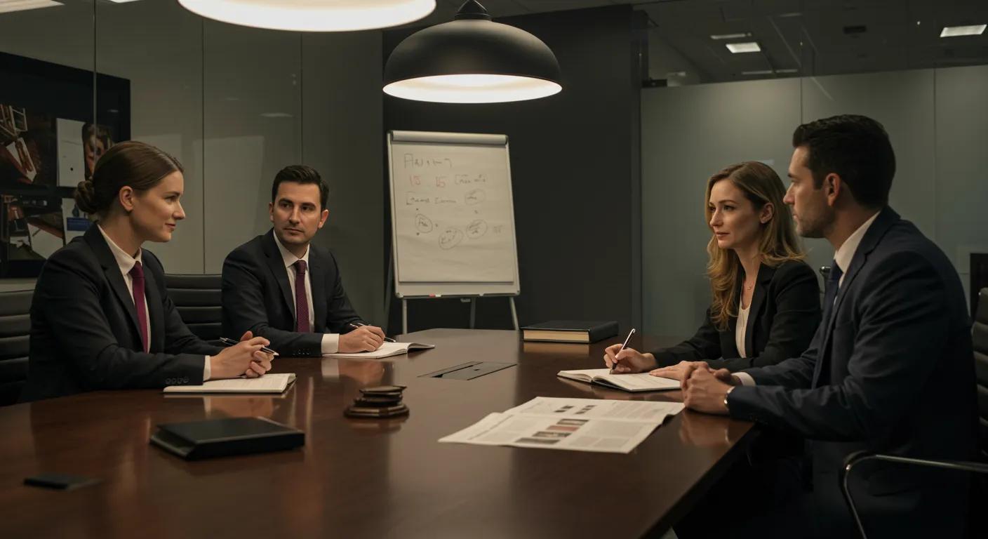 a sophisticated, modern law office features a sleek conference room illuminated by soft, warm lighting, where a diverse group of professional attorneys engage in a collaborative discussion about family law services, surrounded by visually engaging legal resources and case studies displayed on a polished table.