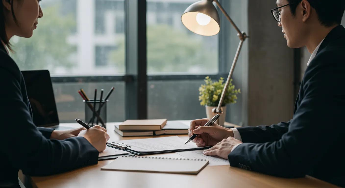 a modern, well-lit office environment captures a divorce lawyer engaged in a focused conversation with a client, with notes and documents spread across a sleek desk, emphasizing a professional atmosphere of trust and open communication.