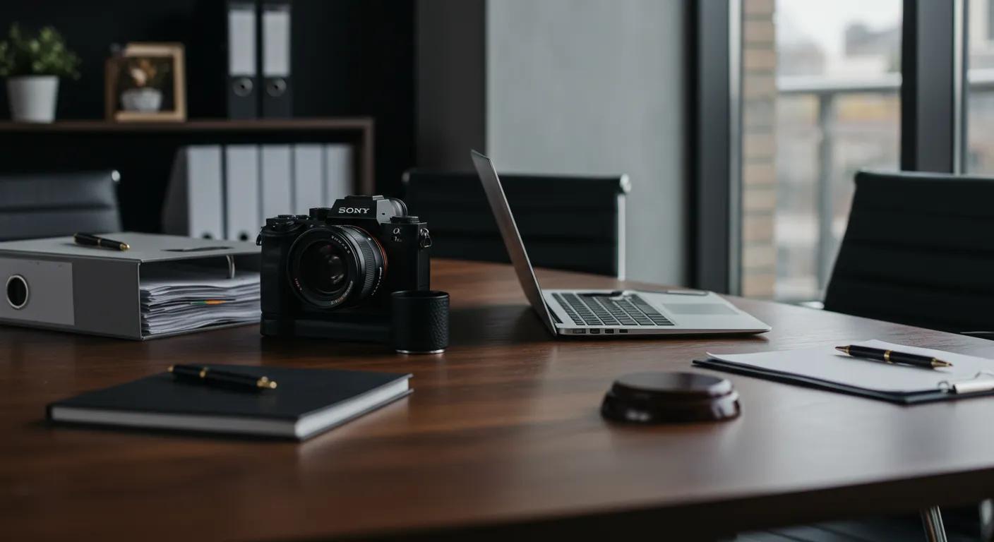 a sleek, modern office setting features a polished conference table surrounded by organized files and a laptop, symbolizing the preparation and professionalism needed for a successful first consultation with a divorce attorney.