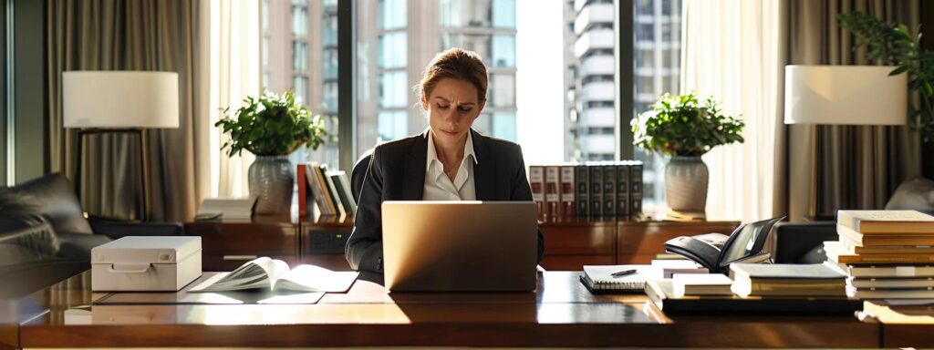 a confident woman sits at a sleek modern office desk, reviewing divorce attorney profiles on a laptop, with legal books and a notepad displaying important notes, symbolizing empowerment in navigating her choices.