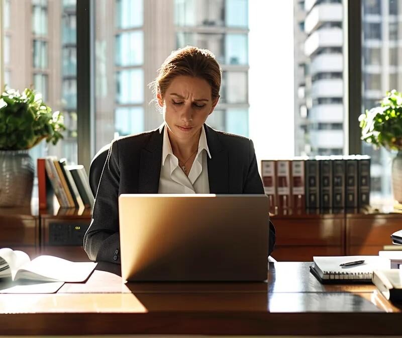 a confident woman sits at a sleek modern office desk, reviewing divorce attorney profiles on a laptop, with legal books and a notepad displaying important notes, symbolizing empowerment in navigating her choices.