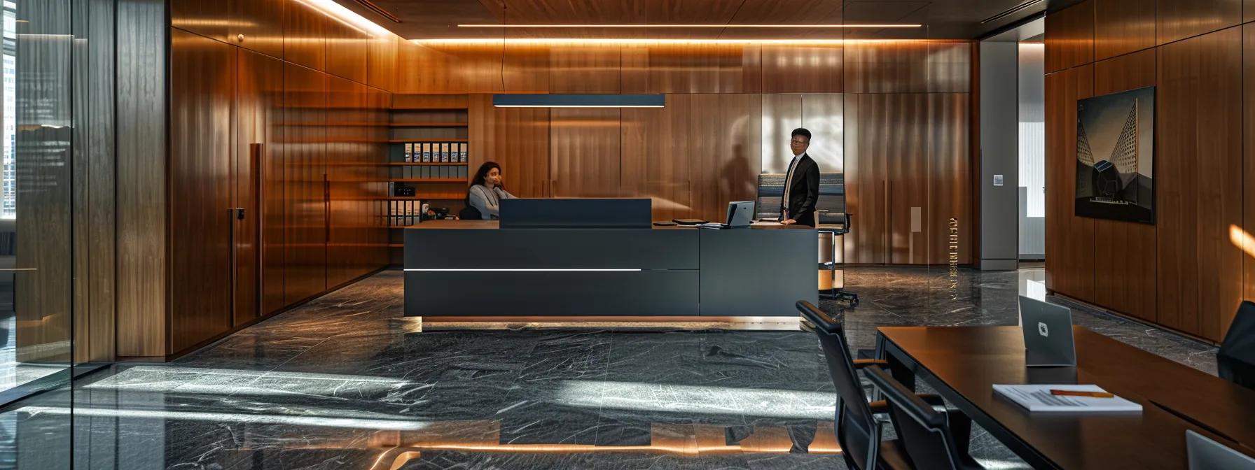 a sharply lit, modern office space showcases a poised divorce attorney engaged in a focused discussion with a client, surrounded by legal documents and a sleek digital interface, symbolizing proactive communication throughout the legal process.