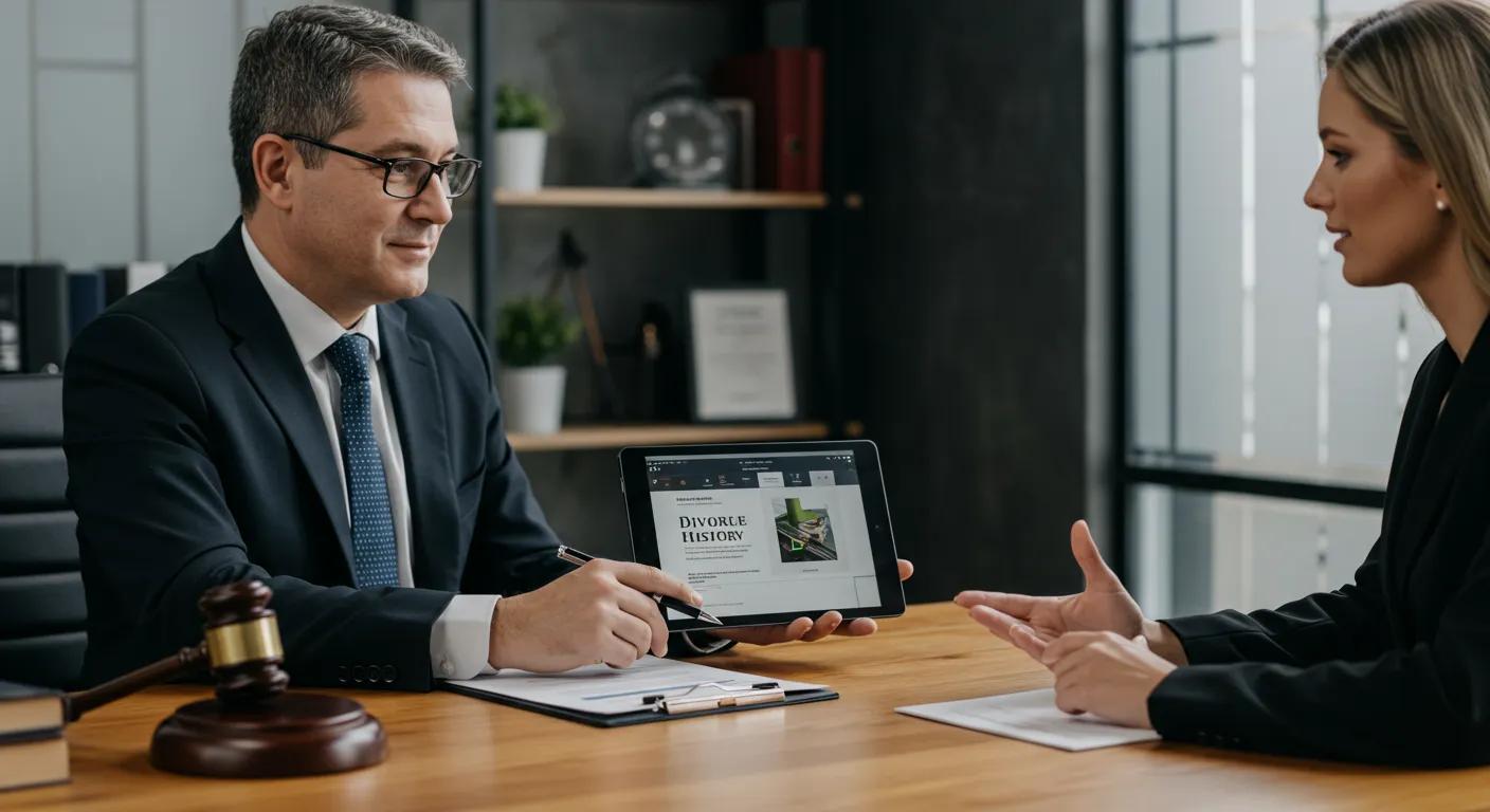 a professional and modern office setting showcases a confident potential client engaging in a conversation with a seasoned divorce attorney, highlighting their extensive case history displayed on a sleek, digital tablet, emphasizing the assessment of experience and expertise in a legal consultation.
