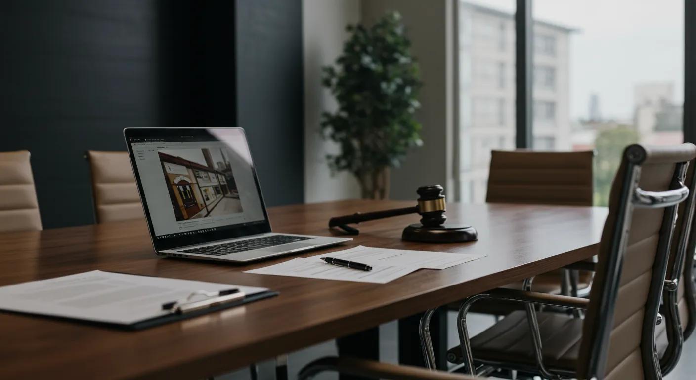 a sleek, modern office conference room, featuring a polished table surrounded by high-backed chairs, displaying an open laptop and legal documents, illustrating a professional evaluation of divorce law firms with a focus on strategic comparison and client support.