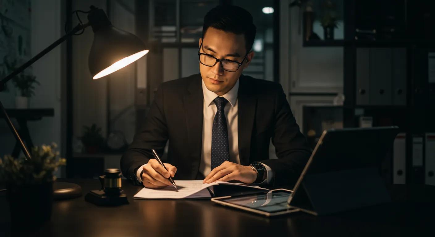 a focused attorney in a sleek, modern office reviews case documents, illuminated by warm overhead lighting, as strategic plans for a divorce case are mapped out on a digital tablet nearby.