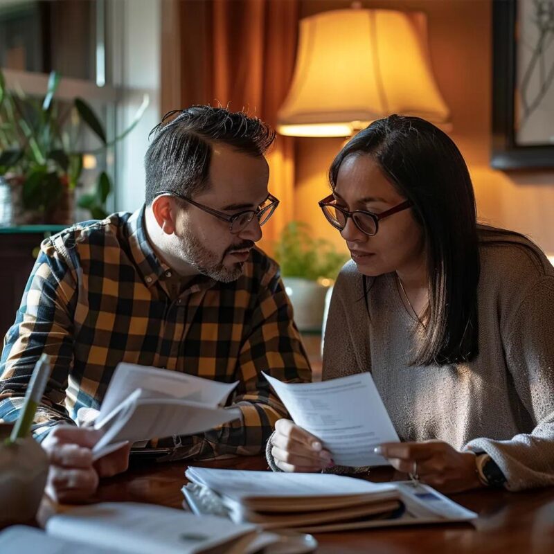 Couple discussing financial documents in a cozy home setting, representing alimony and spousal support