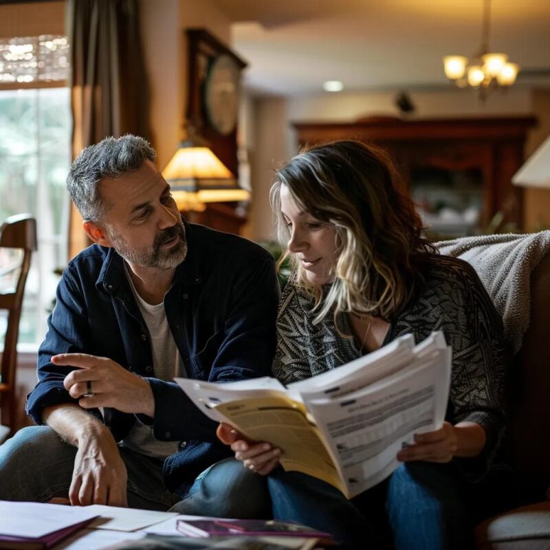 Couple discussing financial documents in a cozy home setting, representing alimony disputes in Florida