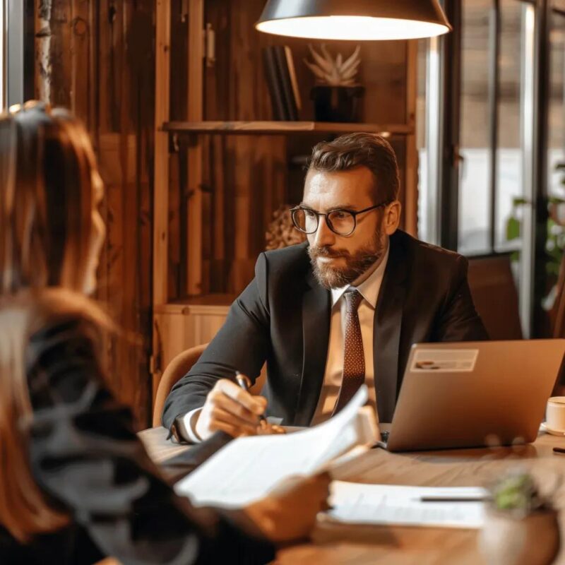 Kissimmee divorce lawyer consulting with a client in a modern office, emphasizing support and legal guidance
