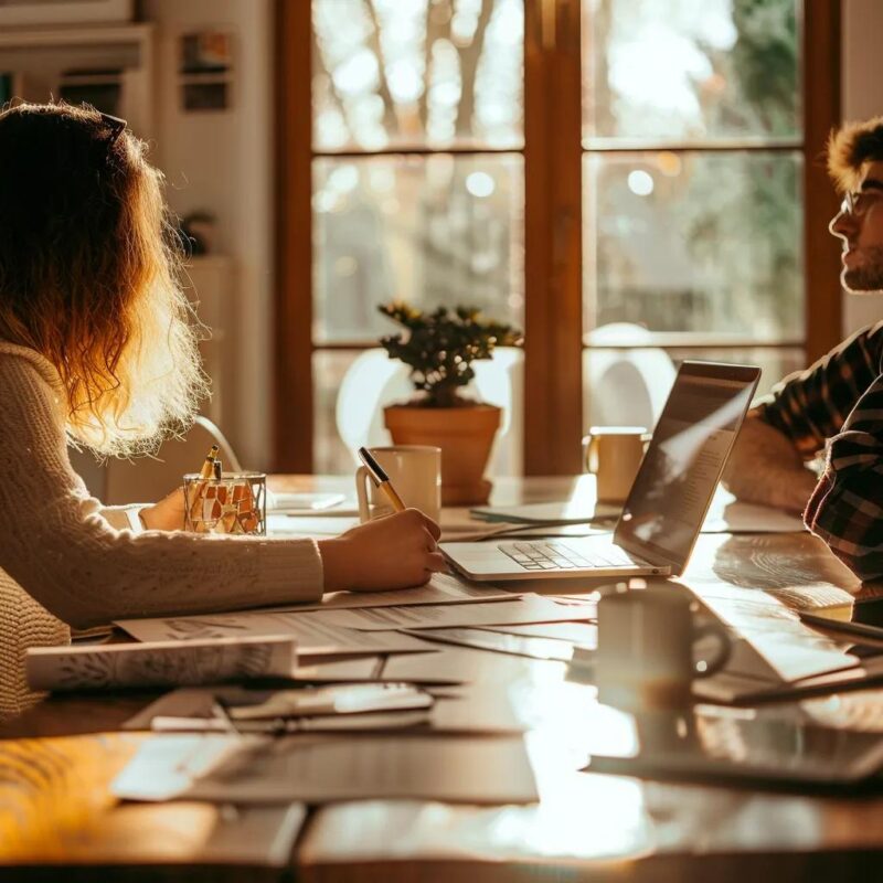 Couple discussing divorce amicably at a table with documents and a laptop